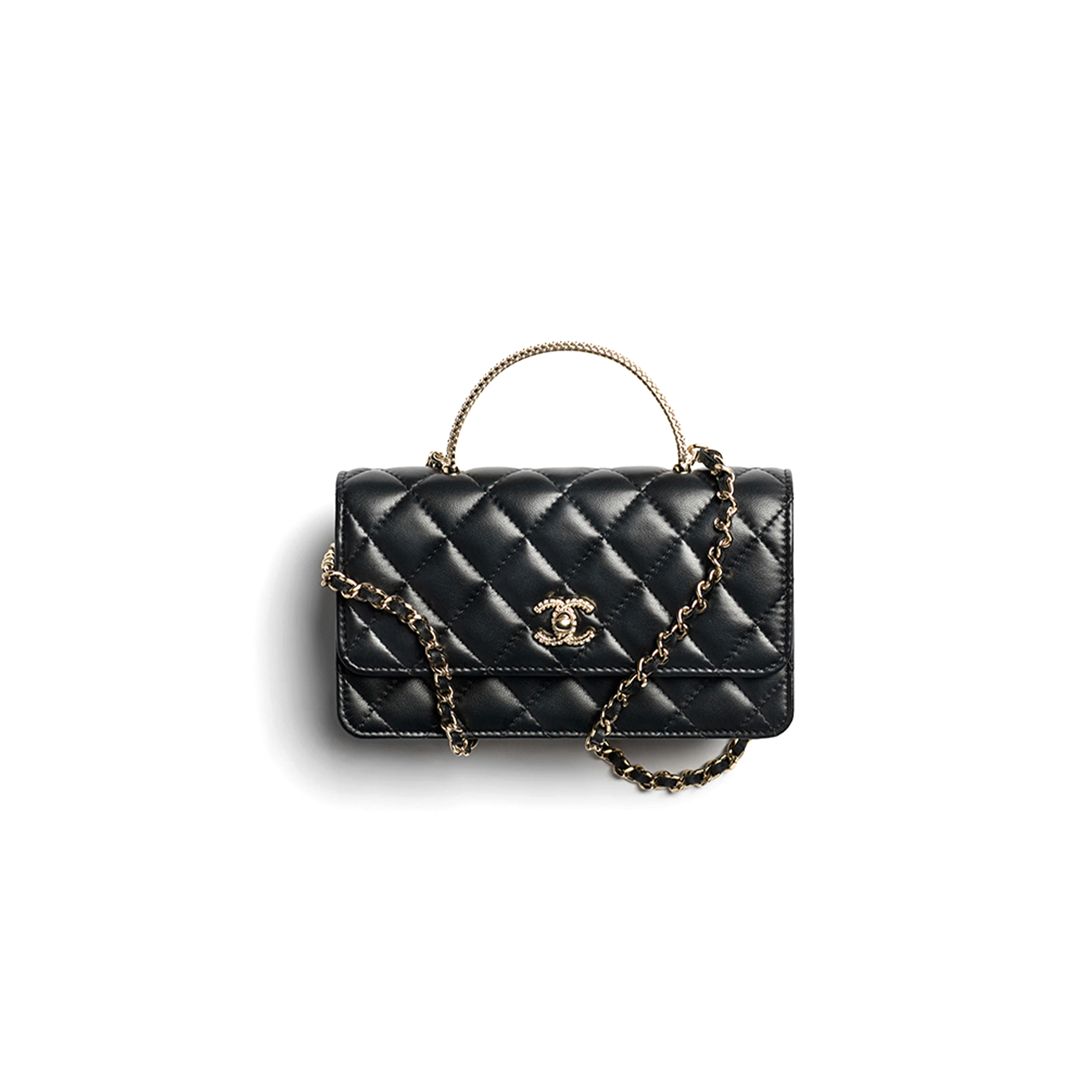 Ch*el clutch with chain lambskin, strass & gold-tone metal black ap4831 (18.5*11*6cm)